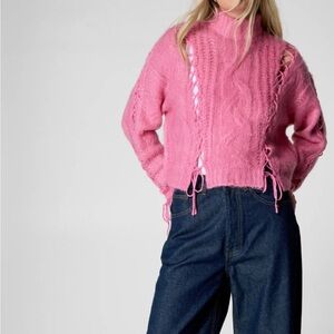 Pink  Cable Knit lace up Sweater